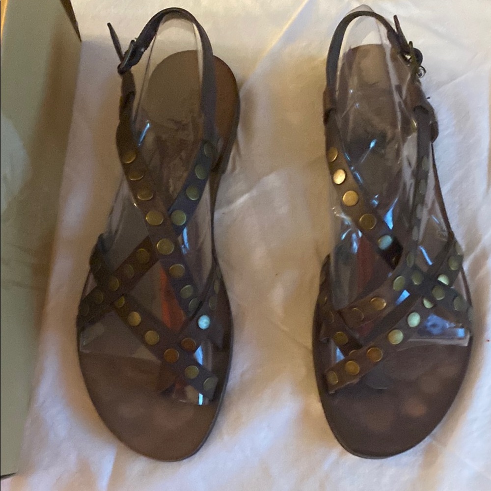 Woman, sandals, size 10 brown leather with gold studs made by Ralph Lauren
